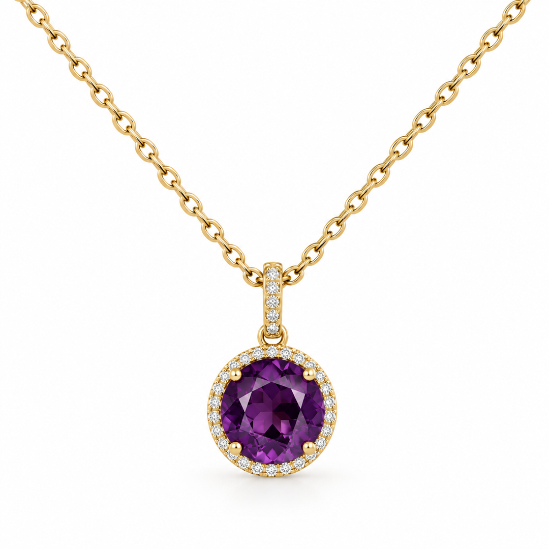 14k Yellow Halo Amethyst Pendant