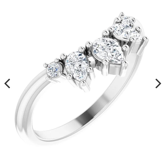 14k White Gold Curved Prong Set 0.37ctw Pear Diamond Wedding Band
