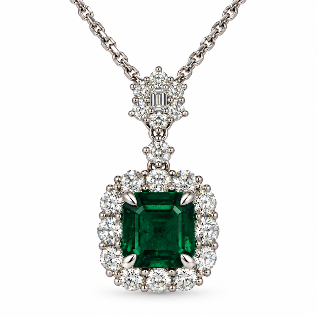 18k White Halo Emerald Pendant