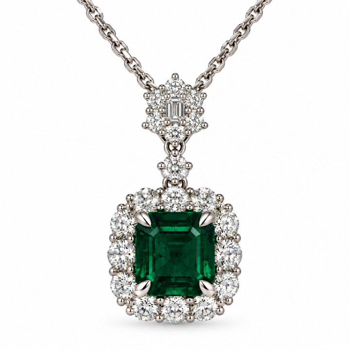 18k White Halo Emerald Pendant
