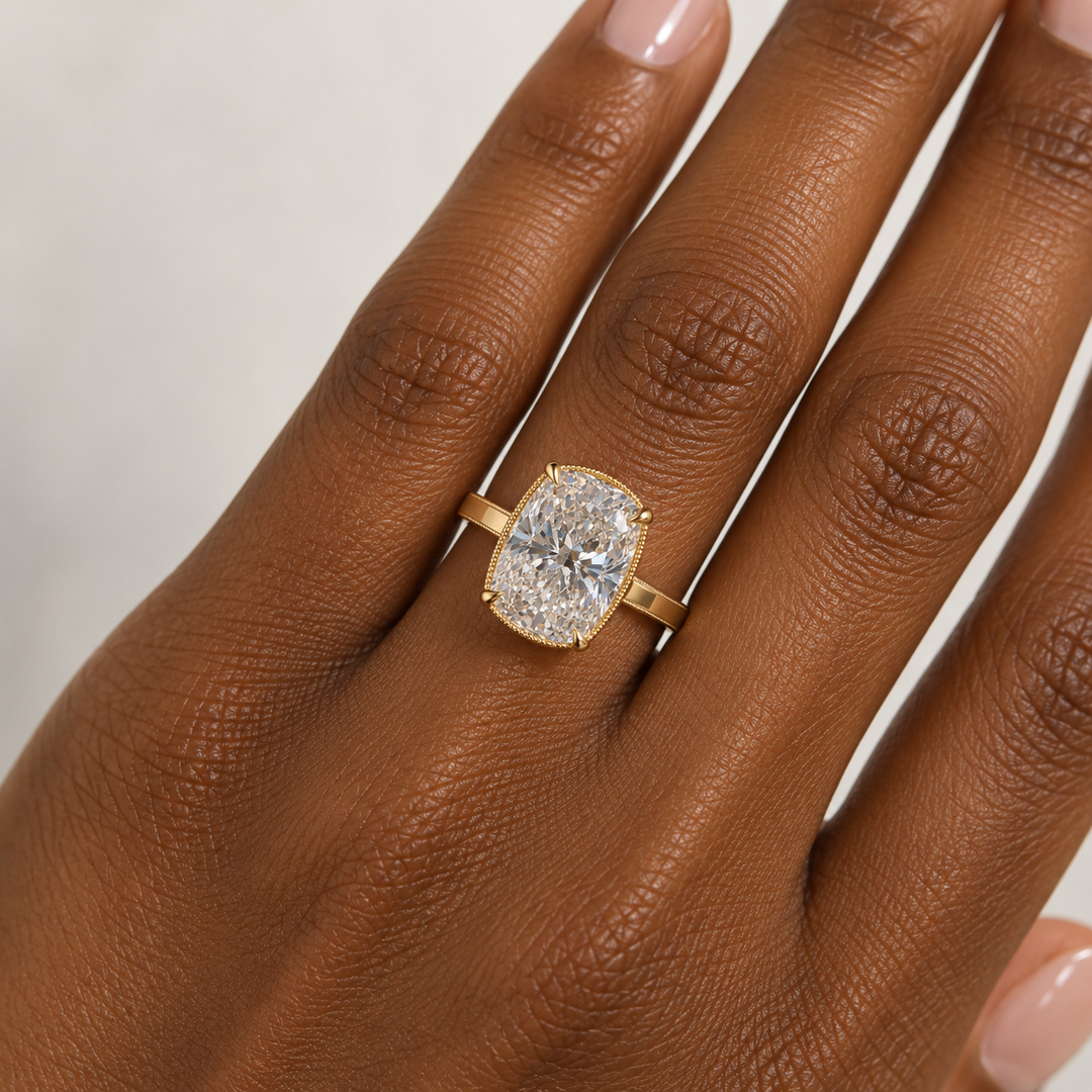 14k Yellow Art Carved Cushion Engagement Ring