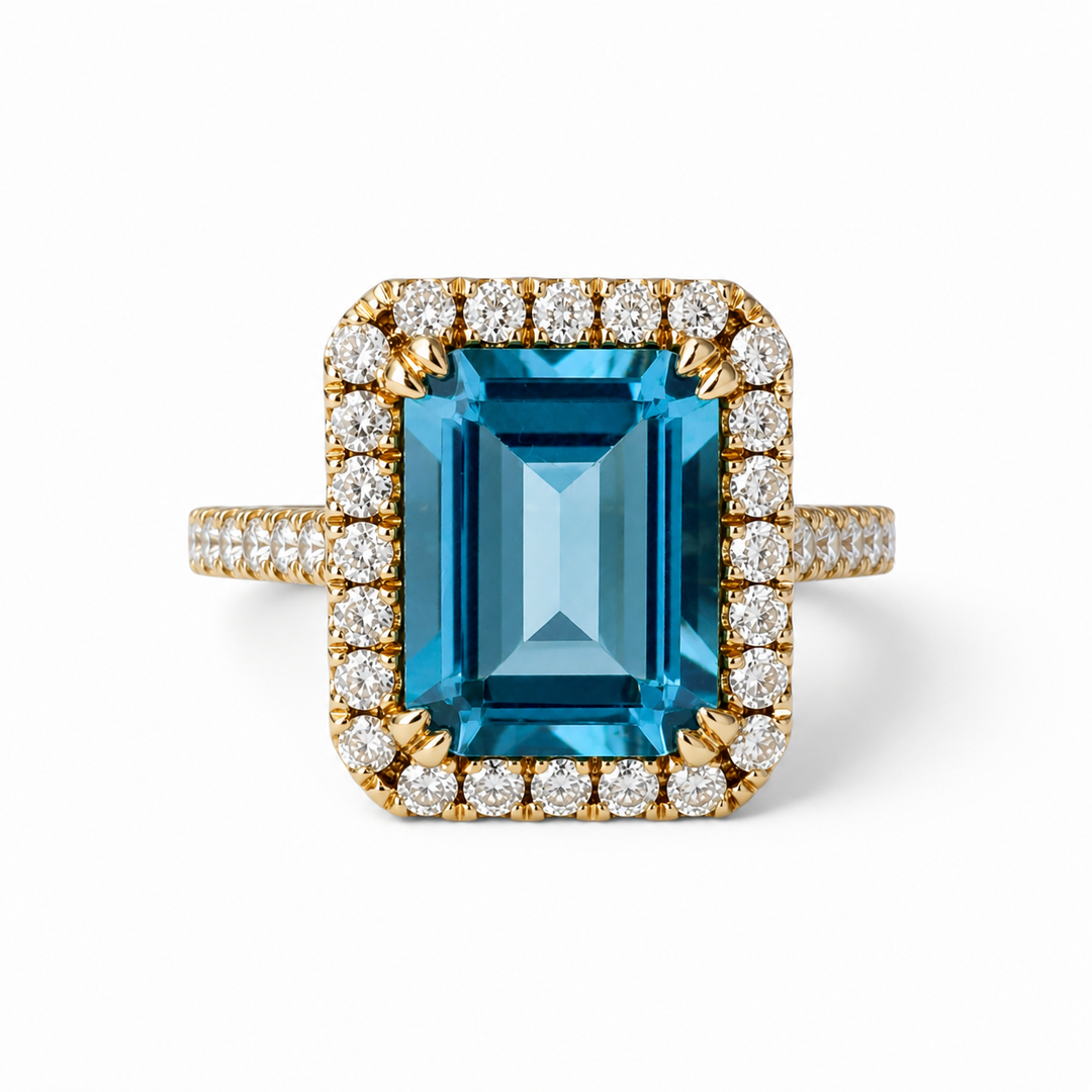 14k Yellow Gold Blue Topaz Diamond Ring
