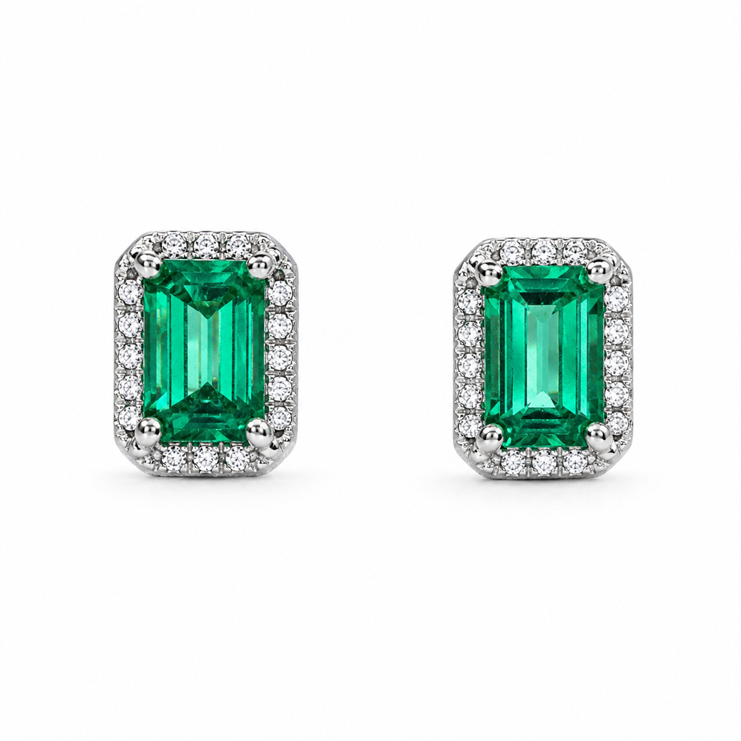 14k Stud Emerald &amp; Diamond Earrings