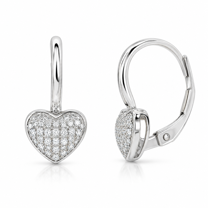 14k White Heart Lever Back Diamond Earrings