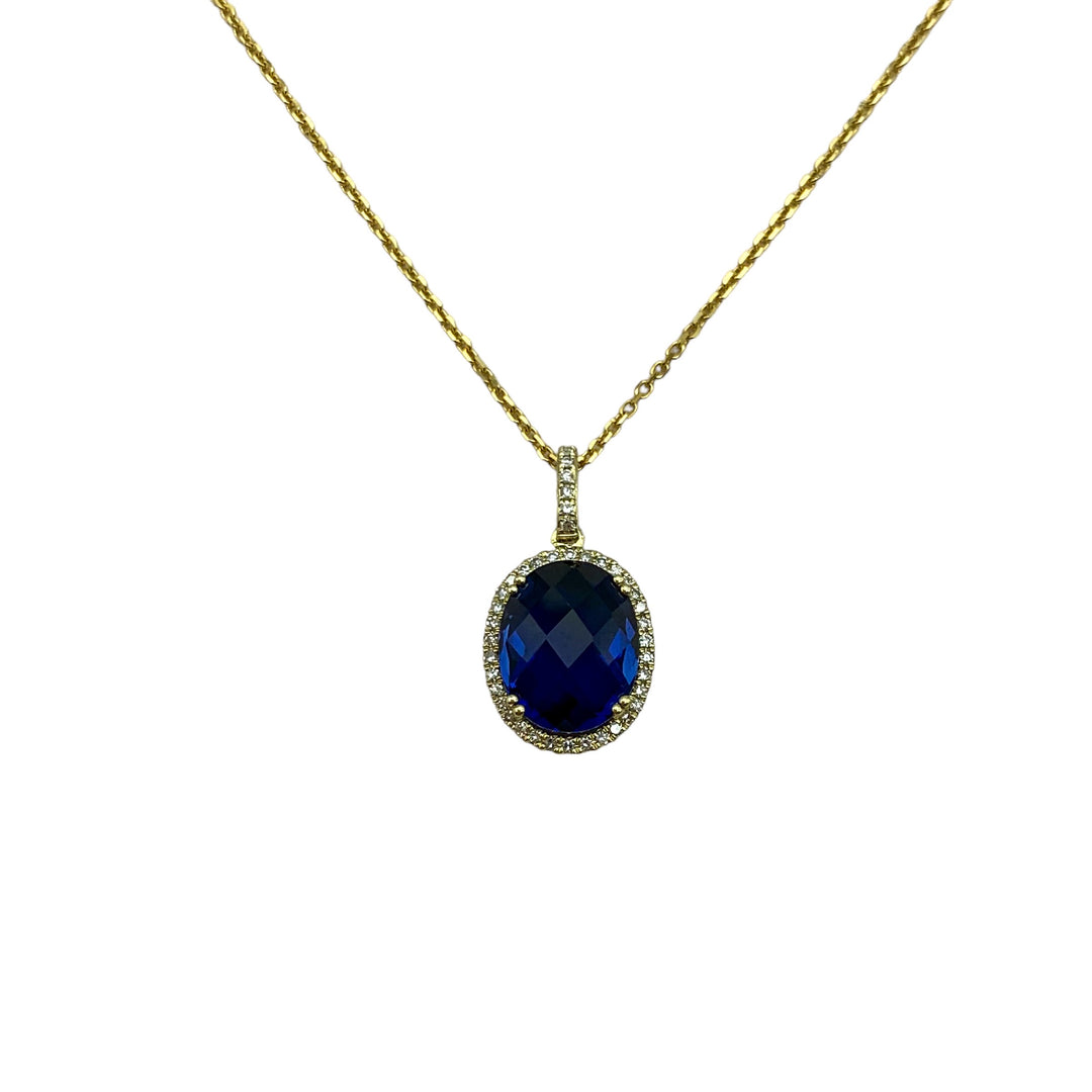 14k Yellow Gold Halo Created Sapphire Pendant