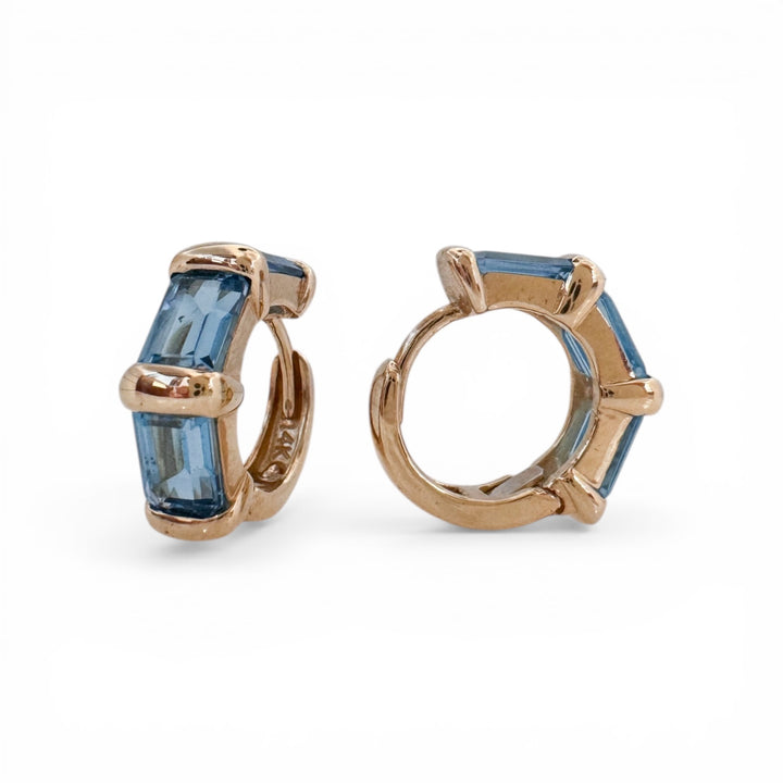 14k Yellow Gold Huggies Blue Topaz Estate Earrings