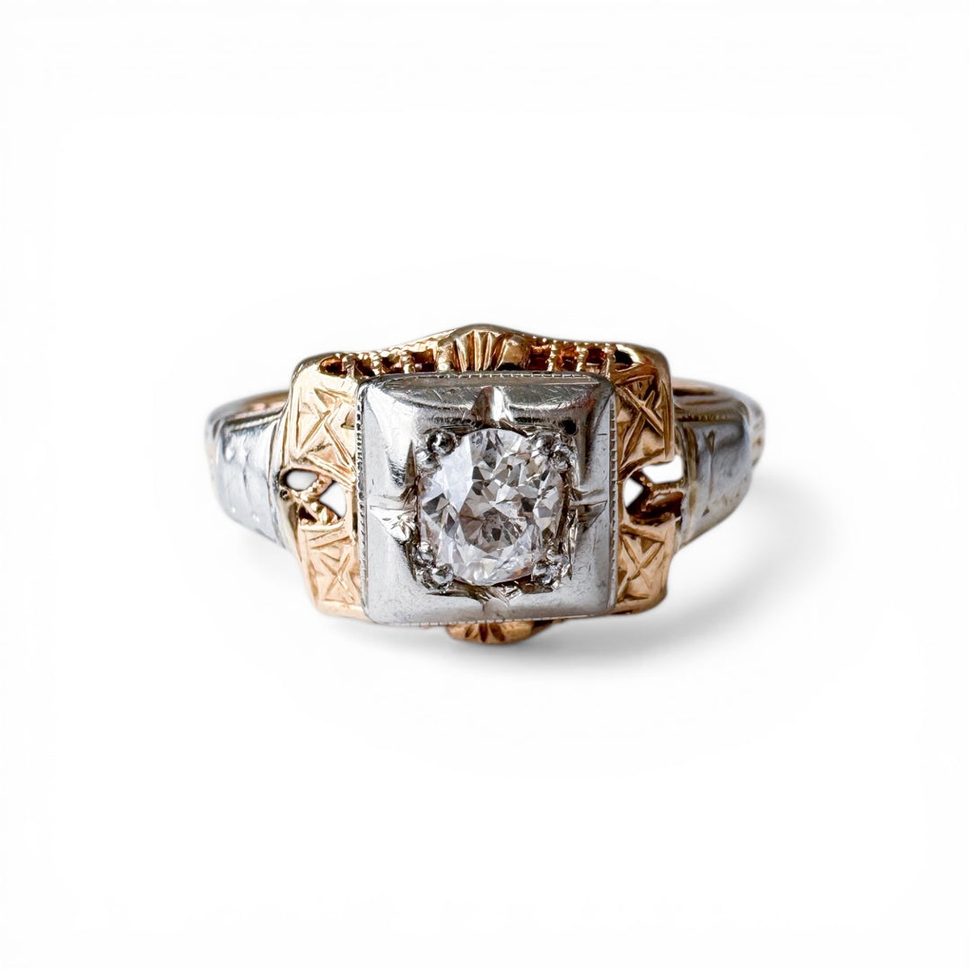 14k Two Tone Antique Diamond Estate Ring