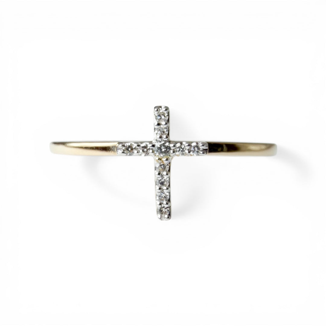 14k Yellow Gold Cross Diamond Fashion Ring