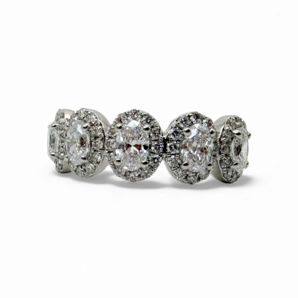 14k White Gold 5 Stone 1.50ctw Oval Halo Diamond Wedding Band