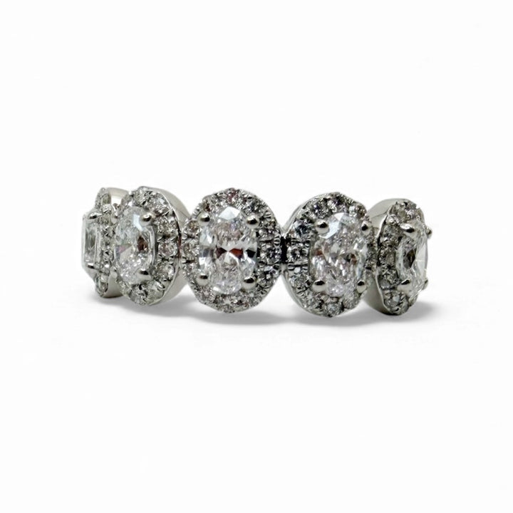 14k White Gold 5 Stone 1.50ctw Oval Halo Diamond Wedding Band