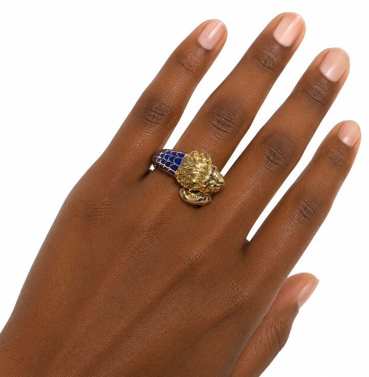 18k Yellow Enamel Lion Estate Ring