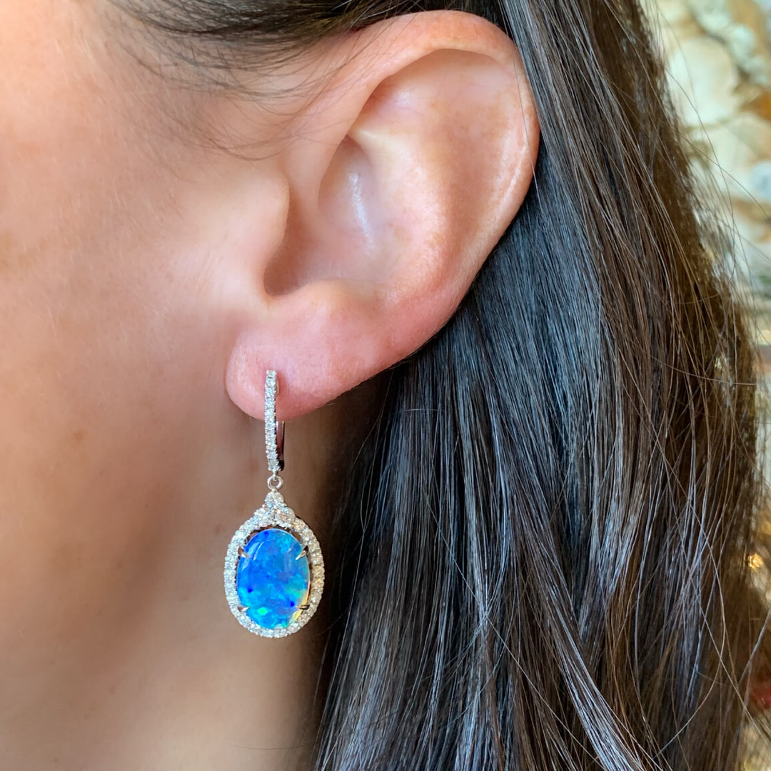 14k Drop Diamond Opal Earrings