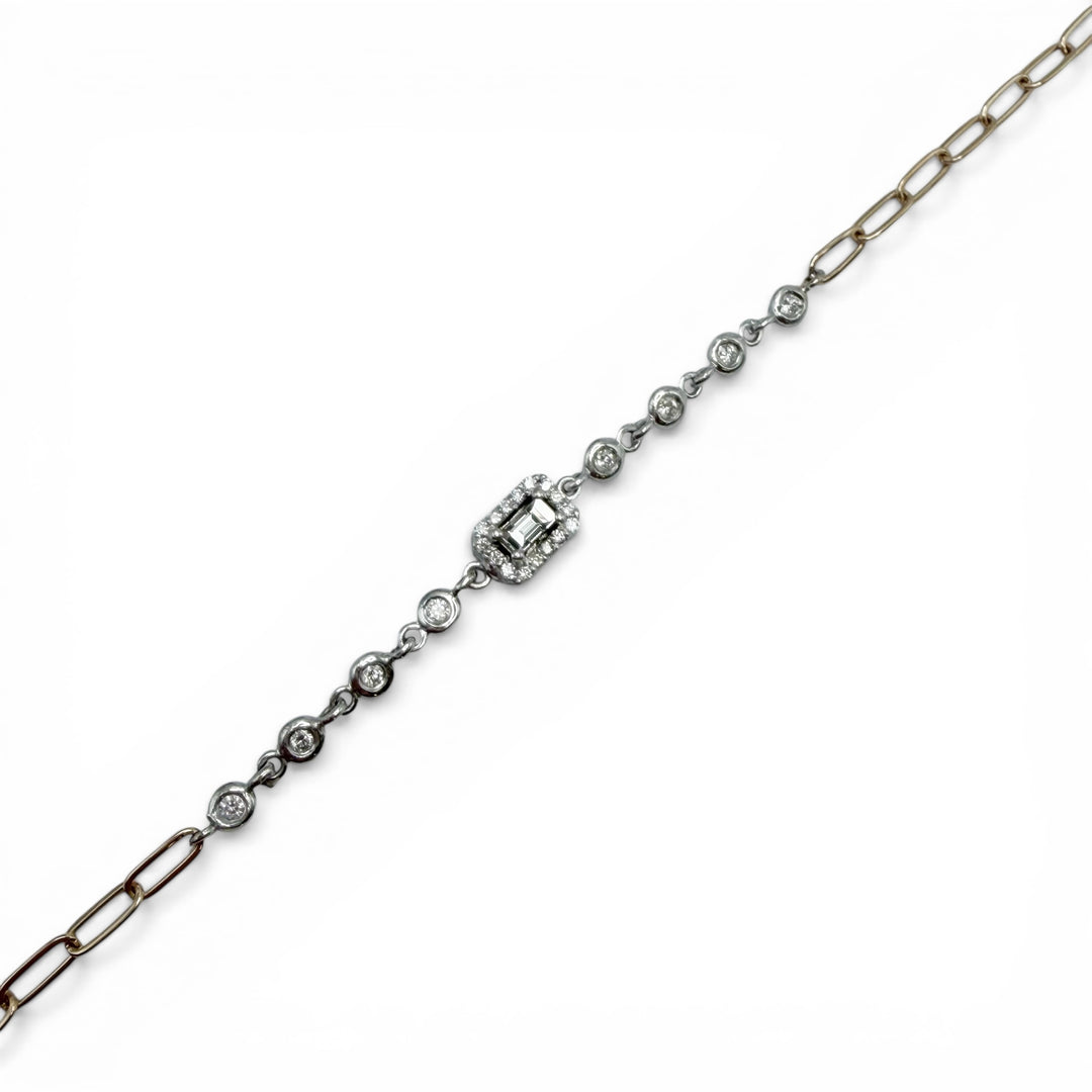 14k Two Tone Cluster Diamond Paperclip Bracelet