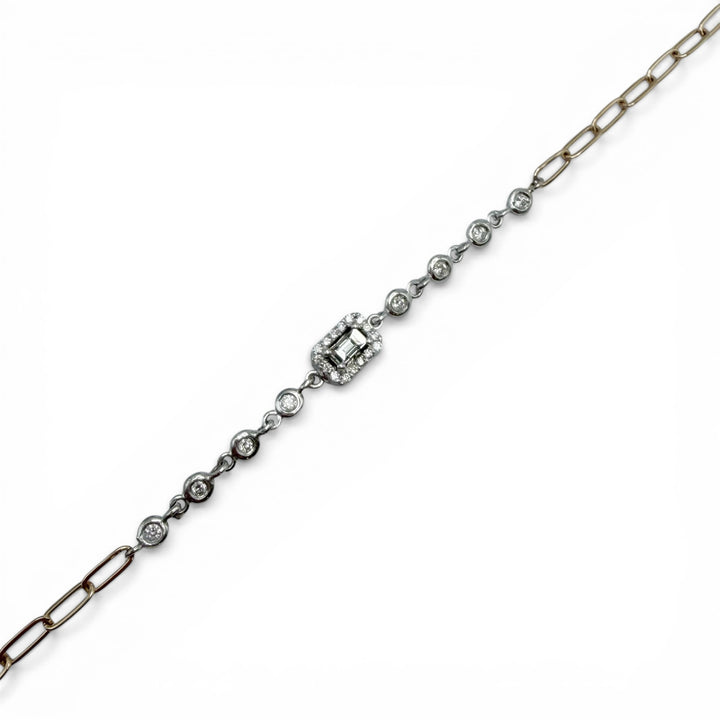 14k Two Tone Cluster Diamond Paperclip Bracelet