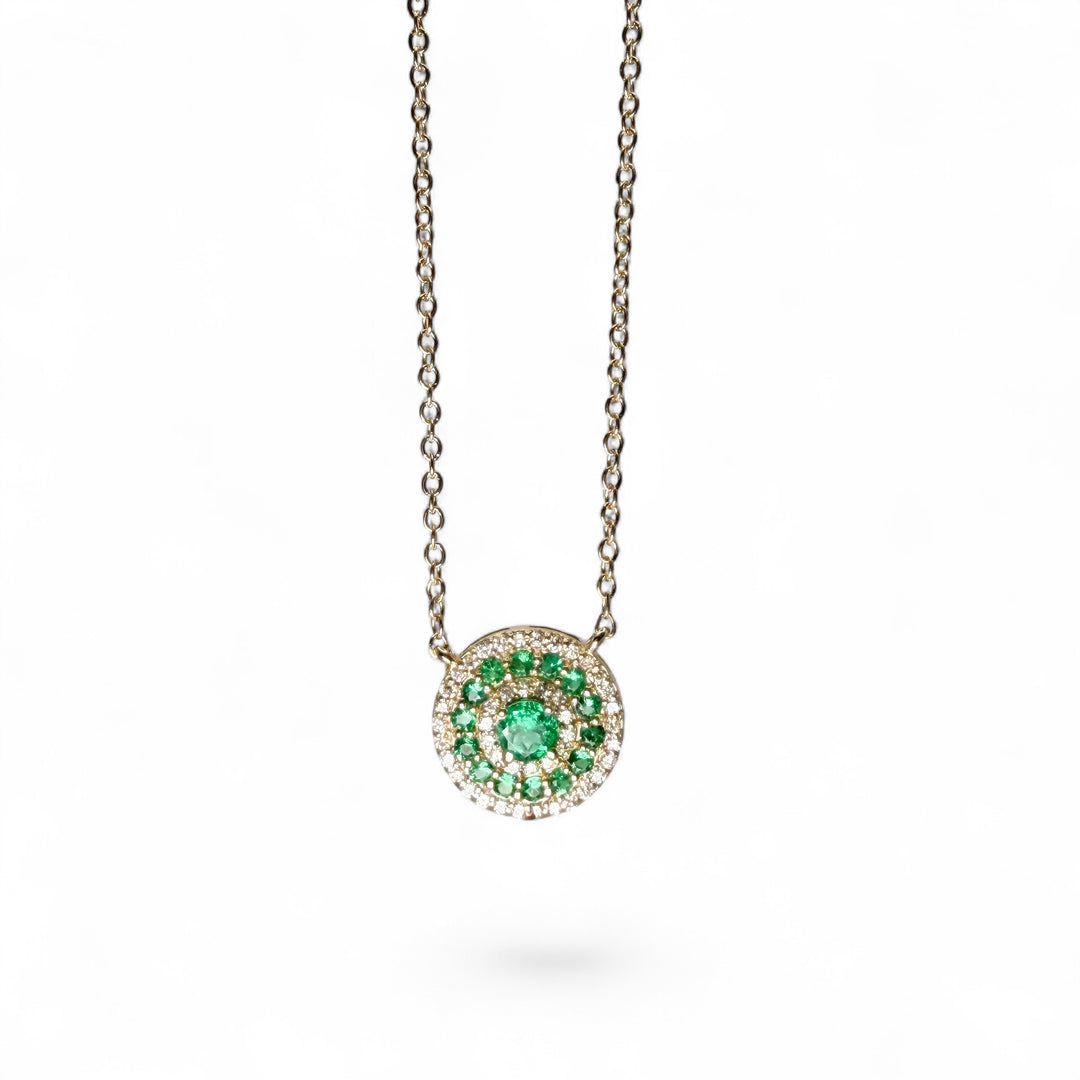 14k Yellow Gold Emerald and Diamond Cluster Necklace