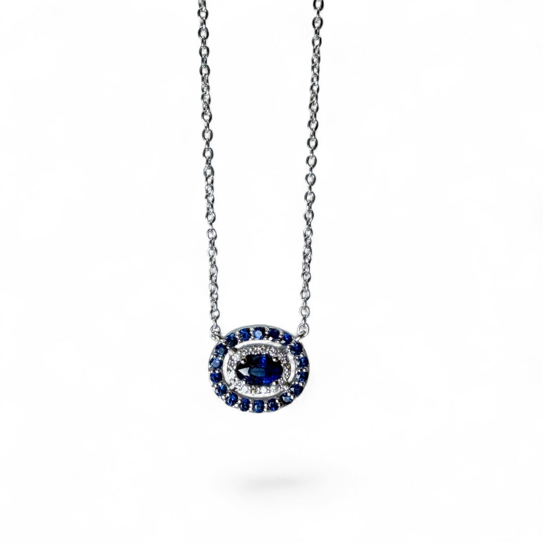 14k White Gold Diamond Halo Sapphire Necklace