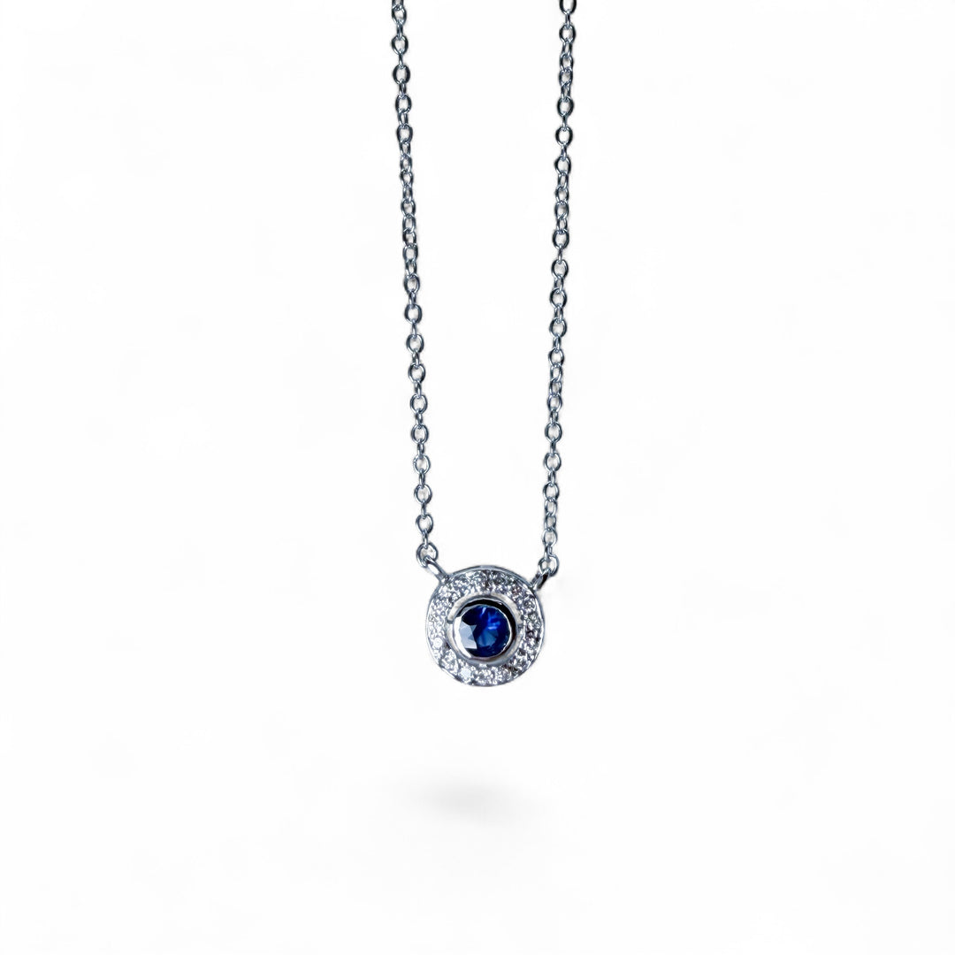 14k White Gold Sapphire Halo Pendant