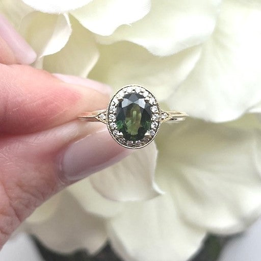 14k Yellow Gold Green Sapphire Halo Ring