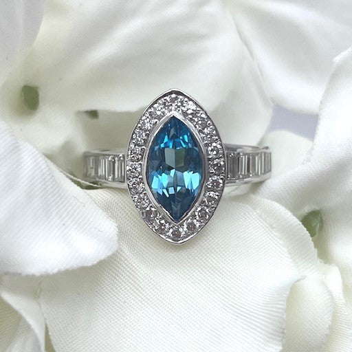 14k White Gold Halo Blue Topaz Estate Ring