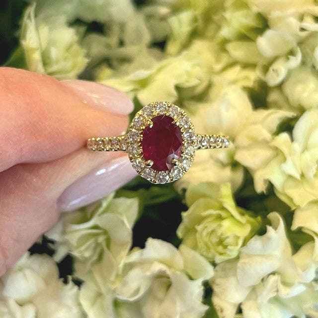 14k Yellow Gold Diamond Ruby Halo Ring