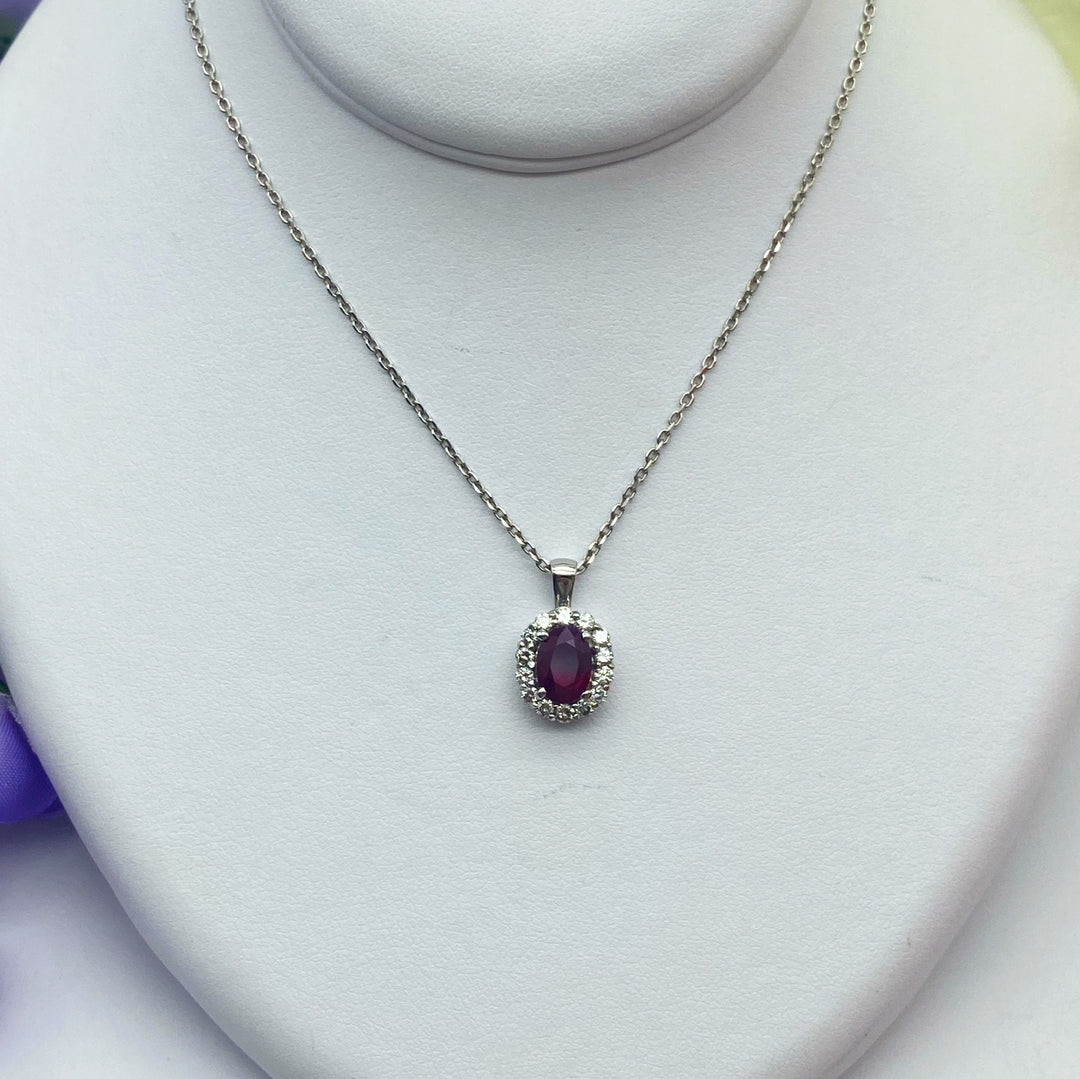 14k White Gold Halo Ruby Pendant