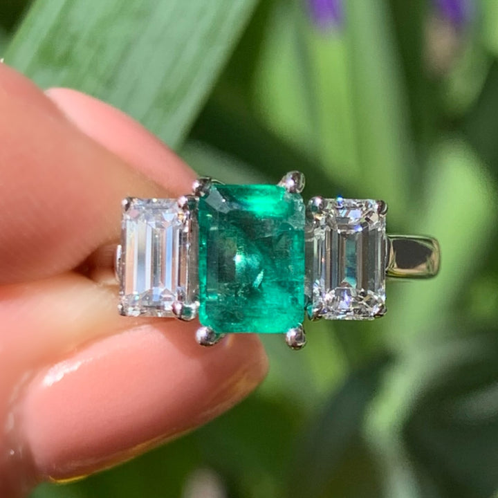 14k White Gold Emerald Diamond 3 Stone Ring