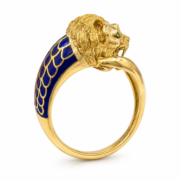 18k Yellow Enamel Lion Estate Ring
