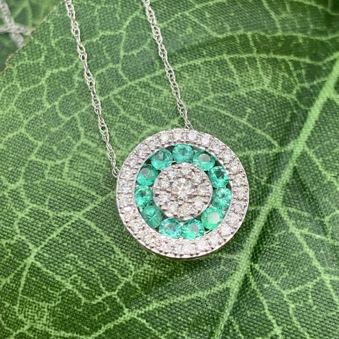 14k White Gold Emerald and Diamond Pendant