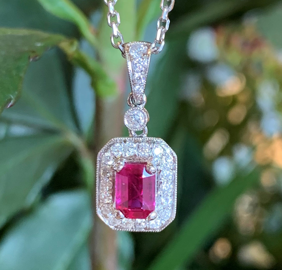 18k White Gold Halo Ruby Pendant