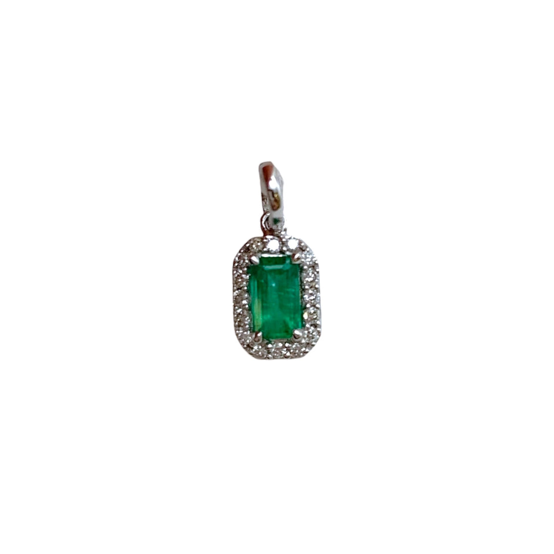 14k White Gold Halo Emerald Pendant