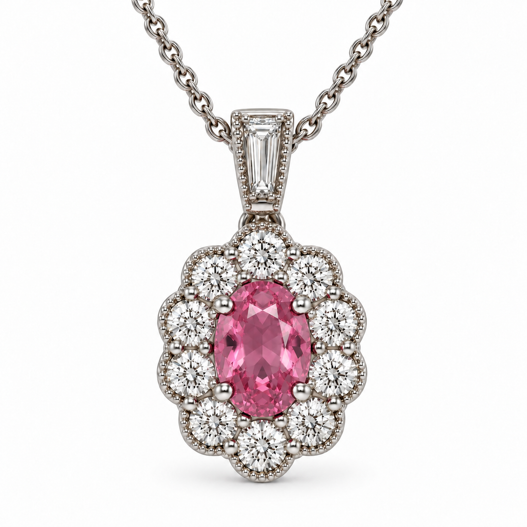 18k White Halo Pink Sapphire Pendant