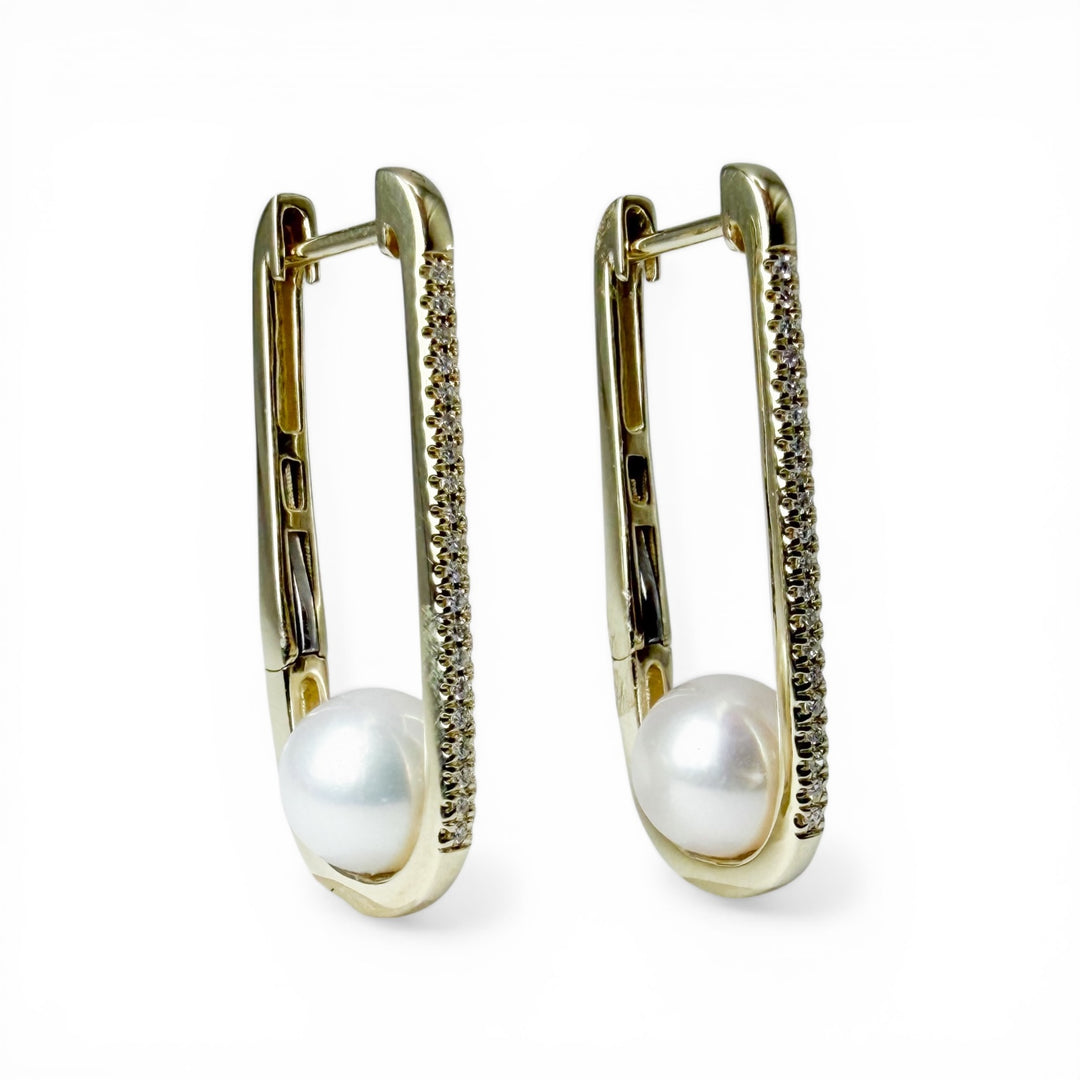 14k Oval Hoops Pearl Diamond Earrings