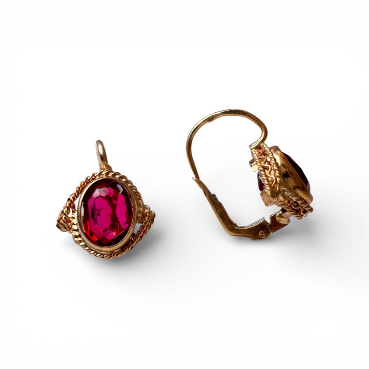 18k Yellow Gold Lever Back Rubies Estate Earrings