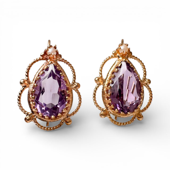 14k Yellow Gold Vintage Amethysts Estate Earrings