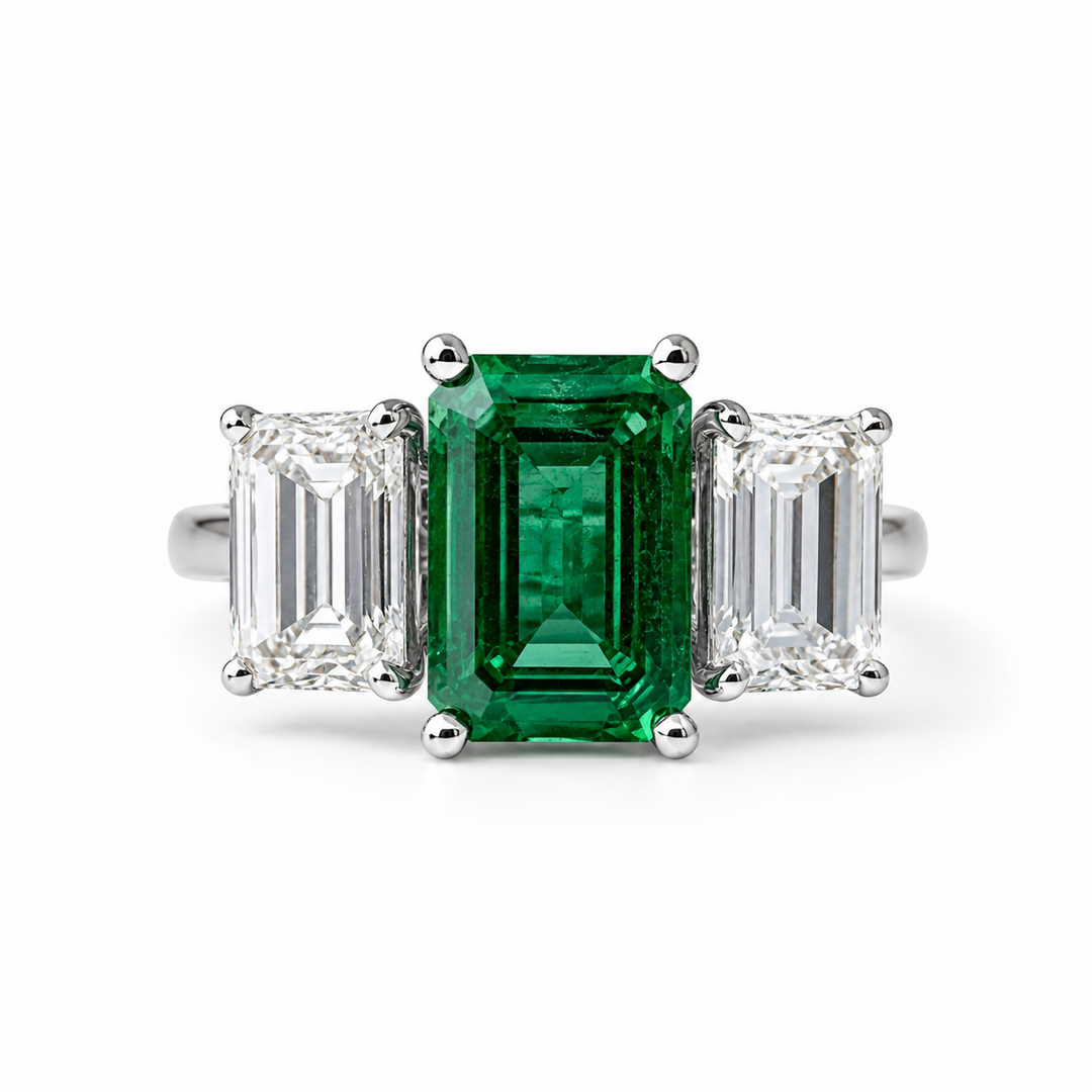 14k White Gold Emerald Diamond 3 Stone Ring
