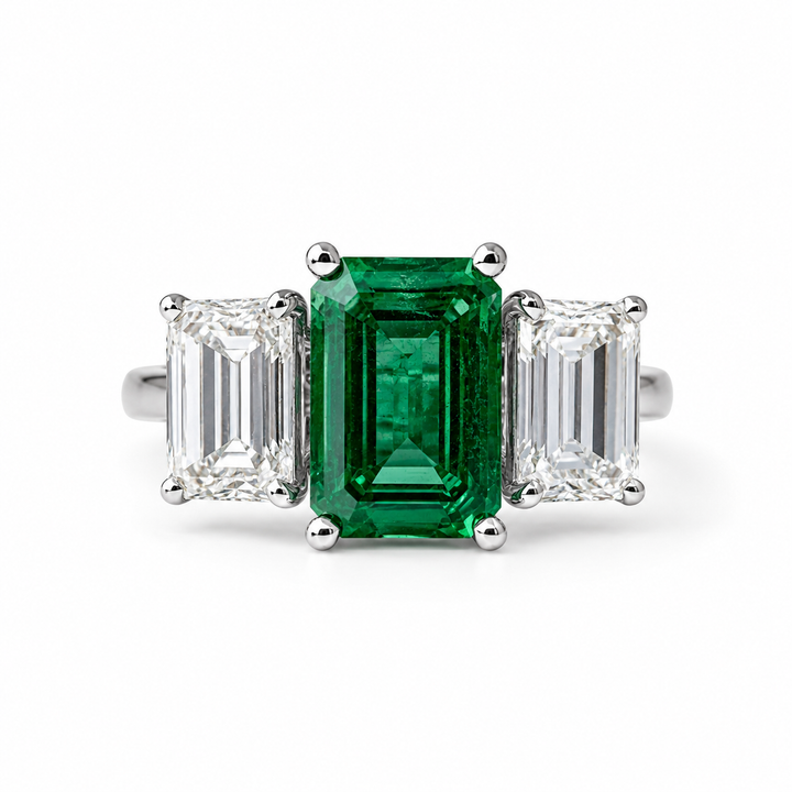 14k White Gold Emerald Diamond 3 Stone Ring