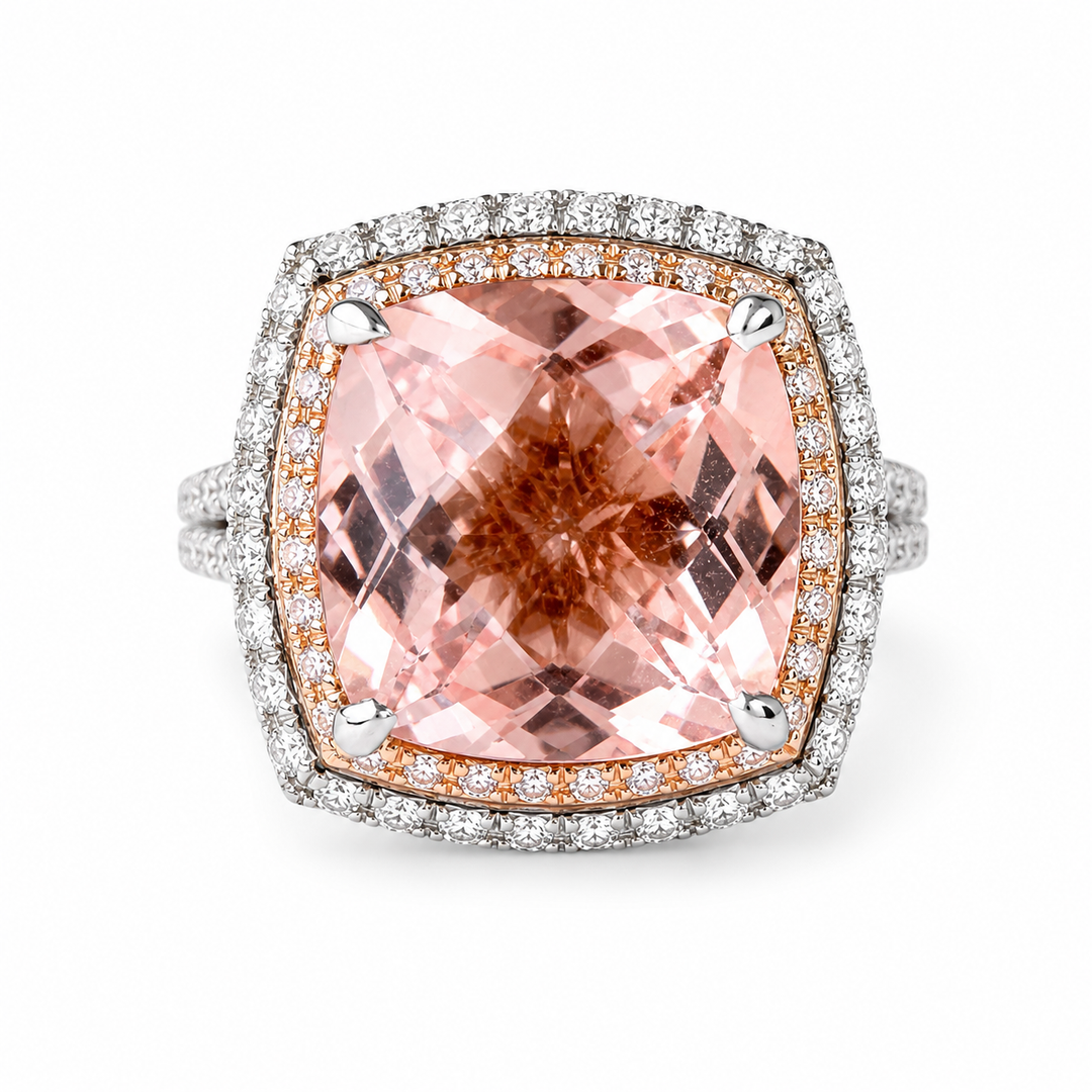 18k Two Tone Morganite Halo Ring