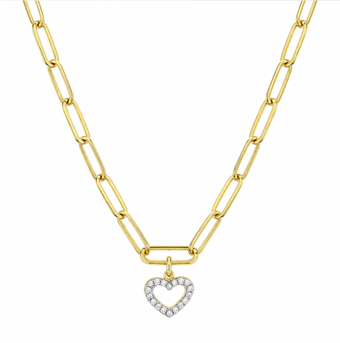 Open Heart Pendant Lab Grown Diamond Paperclip Necklace Gold-Plated Sterling Silver
