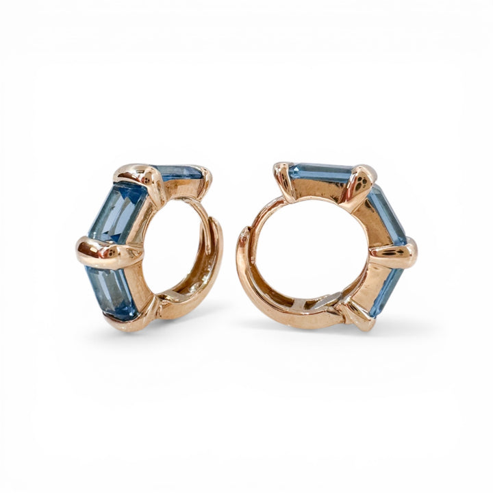 14k Yellow Gold Huggies Blue Topaz Estate Earrings