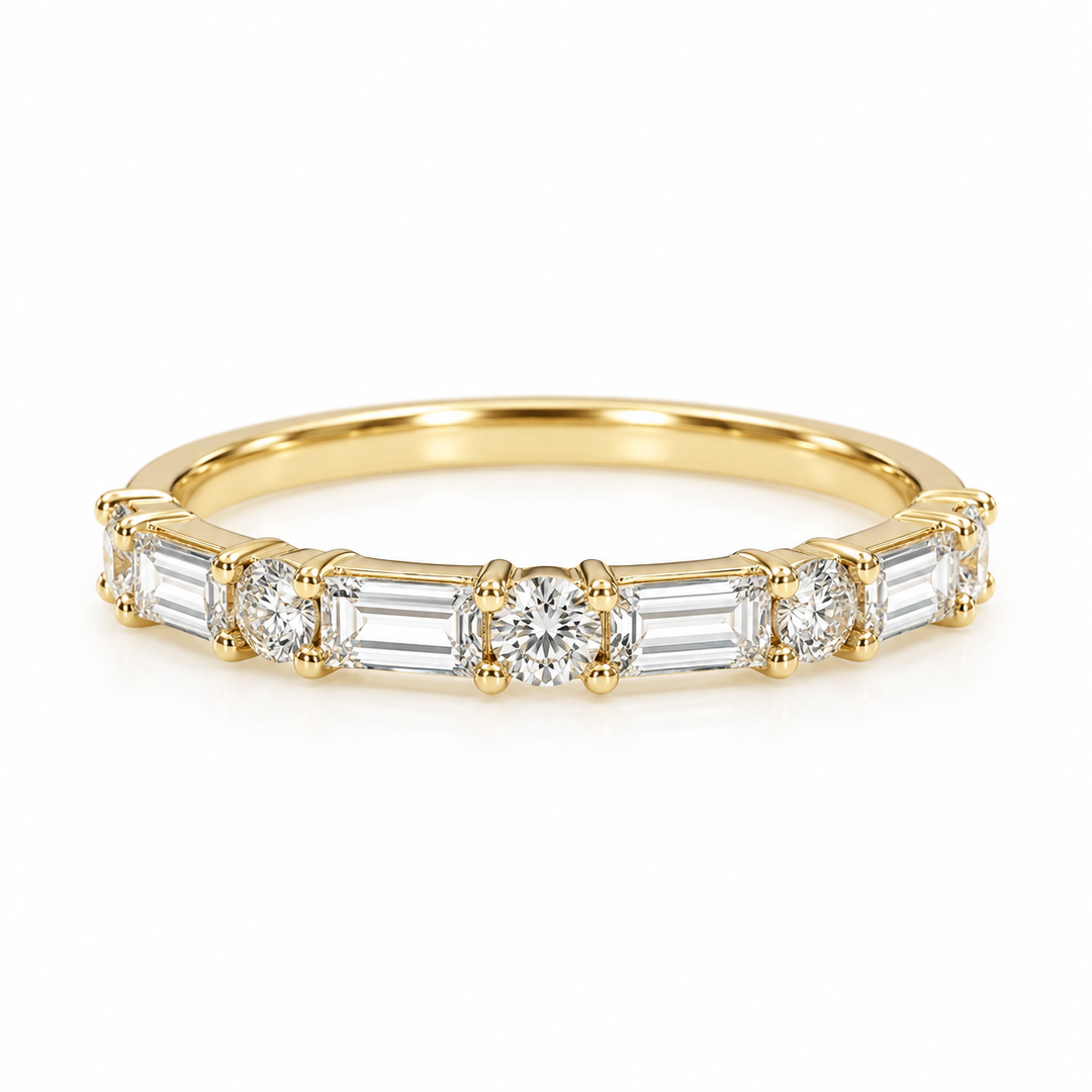14k White Prong Set Baguette &amp; Round Wedding Band