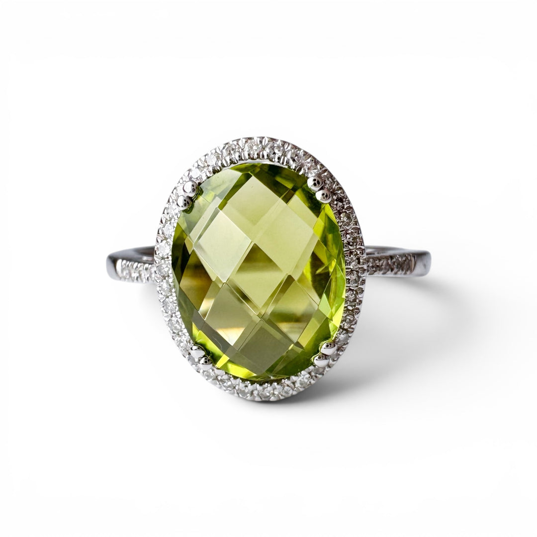 14k White Gold Peridot Halo Ring