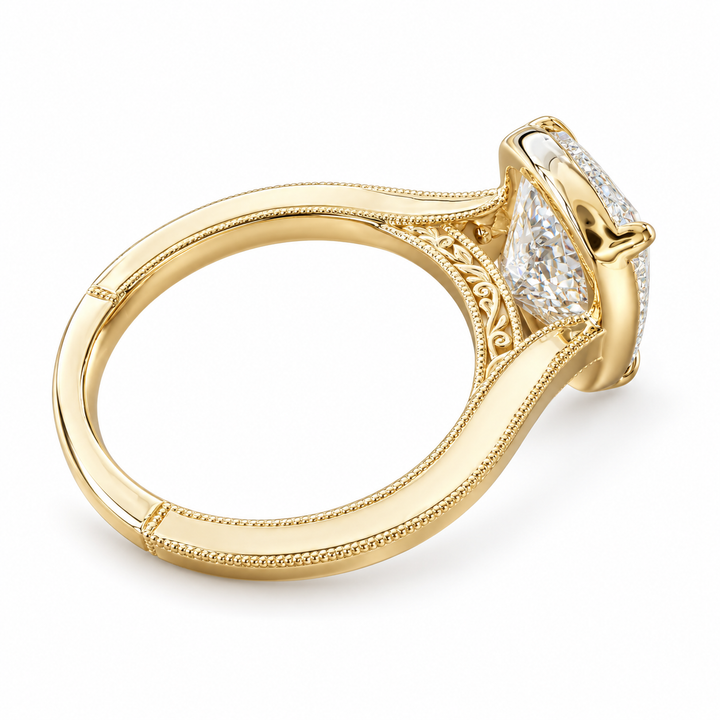 14k Yellow Art Carved Cushion Engagement Ring