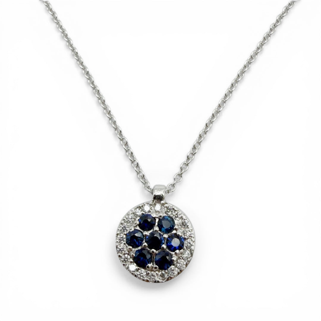 14k White Gold Cluster Diamond Sapphire Pendant