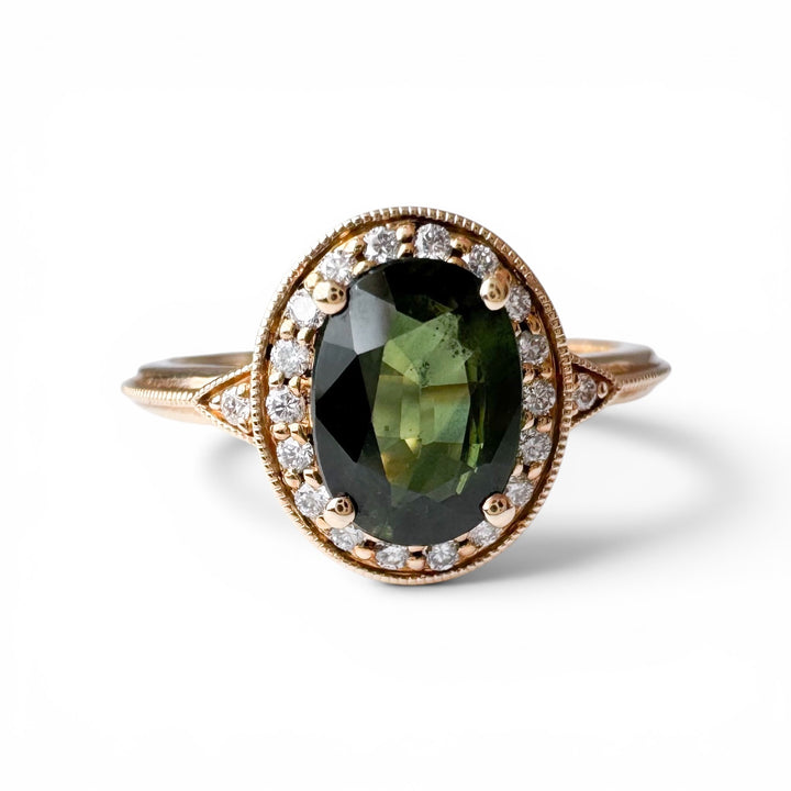 14k Yellow Gold Green Sapphire Halo Ring