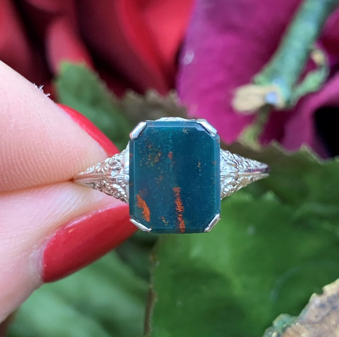 14k White Gold Antique Bloodstone Ring