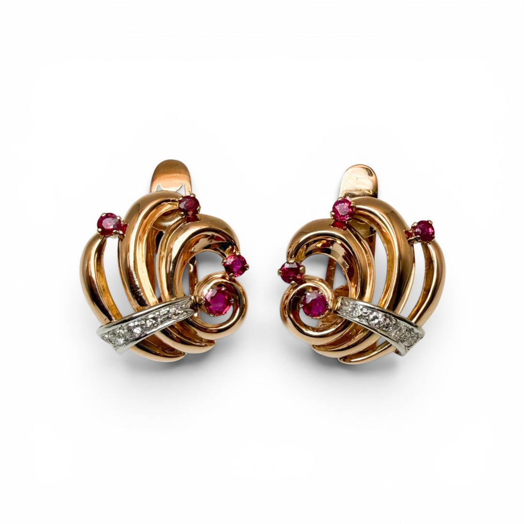 18k Rose Gold Clip On Rubies Estate Earrings