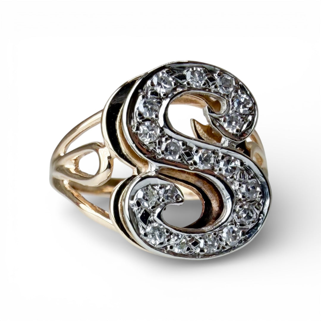 14k Two Tone S Initial Diamond Estate Ring