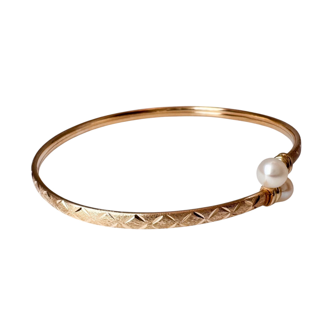 14k Yellow Gold Pearl Bangle Estate Bracelet