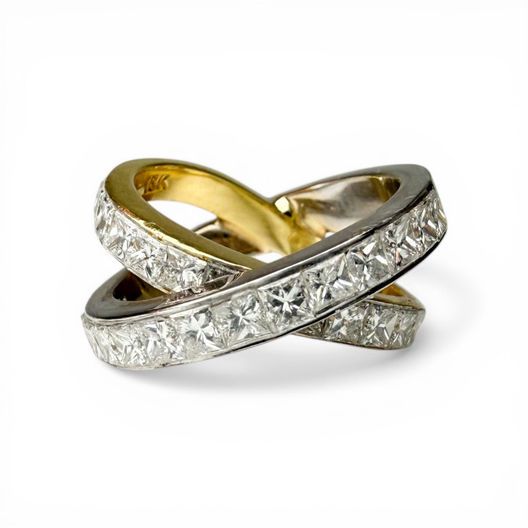 18k Two Tone Criss Cross Diamond Estate Ring
