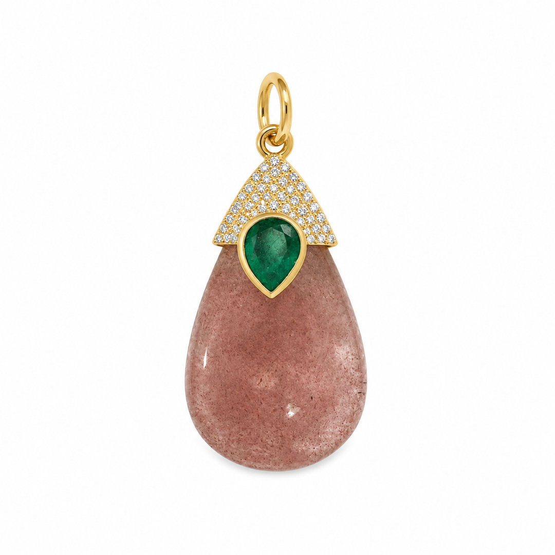14k Yellow Gold Strawberry Quartz Emerald Pendant